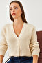 Women's Ecru V-Neck Sequined Three-Button Knitwear Cardigan 20246255