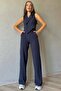 Women's Buttoned Design Sleeveless Double-Breasted Collar Wide Leg Striped Navy Blue Jumpsuit 3195 - 2