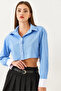 Women's Blue Asymmetrical Striped Cuff Detailed Crop Shirt 4451 60251915 - 8