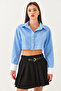 Women's Blue Asymmetrical Striped Cuff Detailed Crop Shirt 4451 60251915 - 6
