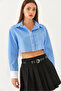 Women's Blue Asymmetrical Striped Cuff Detailed Crop Shirt 4451 60251915