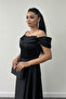 Satin Fabric Gathered Strap Evening Dress - Black - 4