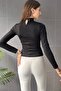Women's Crew Neck Long Sleeve Cut Out Tulle Detailed Blouse Black - 4