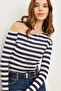 Women's Thick Striped Navy Blue Striped Premium Soft Touch Boat Neck Stretchy Blouse Blz- 19002448 - 7