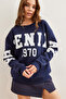 Women's Navy Blue Embossed Printed Oversize Hooded Sweatshirt Swt-19000675 - 3