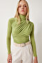 Women's Pistachio Green Ruched Detail Mock Neck Sandy Blouse FF00135 - 2
