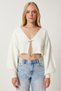 Women's Ecru Jewelled Bow Tie Crop Knitwear Cardigan Ki̇00110 - 3