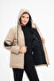 Women's Woven Fabric Hooded Puffer Jacket with Front Cover, Snap Fasteners and Zipper