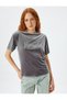 Short Sleeve Crew Neck Shiny Velvet T-Shirt with Processing Detail - 3