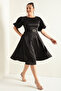 Women's Black Balloon Sleeve Stone Belted Plus Size Satin Evening Dress - 2