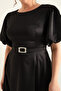 Women's Black Balloon Sleeve Stone Belted Plus Size Satin Evening Dress - 4