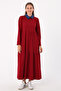 Burgundy Cotton Shirt Collar Pocket Ruffle Knitted Dress - 2