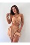 Beige Micro Fabric Skirt Bustier Double Set