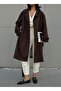 Women's Coffee Lining Line Patterned Oversize Trench Coat 28119 - 2