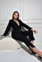 Women's Black Imported Glittery Tweed Fabric Lined Belted Tassel Detail Beaded Accessory Design Suit - 2