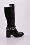 Black Patent Leather Boots - Ankle Chain Detail, Back Stretch Heels 8172668
