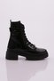 K9022 Black Patent Leather Women's Boots - Belt Detail and Laces