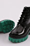 Es805 Women's Thick Sole Lace-Up Heeled Boots Black Patent Leather Green - 4