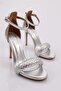 Women's Mesh Detailed Stone Embroidered Heeled Shoes Silver Metallic 315133210 - 4
