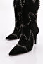 5273 Women's Stone Embroidered Heeled Western Boots Black Suede - 4