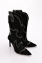 5273 Women's Stone Embroidered Heeled Western Boots Black Suede - 2