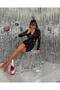 Women's Black Lame Fabric Lining Gather Detail Design Mini Dress - 3