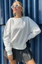 Crystal Stoned Loose Cut Oversize Large Size Three Thread Cotton Comfortable Stylish Casual Ecru Women's Sweatshirt - 2