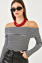 Women's Black Madonna Collar Striped Twill Long Sleeve Blouse 60251889 - 6