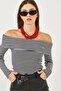 Women's Black Madonna Collar Striped Twill Long Sleeve Blouse 60251889 - 5