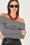 Women's Black Madonna Collar Striped Twill Long Sleeve Blouse 60251889 - 7