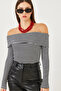 Women's Black Madonna Collar Striped Twill Long Sleeve Blouse 60251889 - 4
