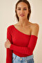 Open-Shoulder Ribbed Knitted Blouse Red Ltg0001