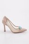 Women's Pointed Toe, Low-Cut Toe, Lip Buckle Detailed, Side Mesh Heeled Shoes, Beige Patent Leather 8814535