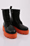 Women's Round Toe Lace-Up Thick Sole Boots Black Orange 2623486216132322 - 2
