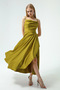 Women's Oil Green Flounce Slit Satin Midi Length Evening & Graduation Dress - 4