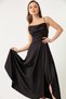 Women's Black Flounce Slit Satin Midi Length Evening Dress & Graduation Dress