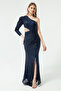 Women's Navy Blue One Sleeve Sequined and Stone Embellished Long Evening Dress - 4