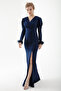 Women's Navy Blue Double Breasted Collar Sleeves Feather Slit Evening Dress