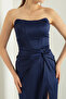 Women's Navy Blue Double Breasted Lined Woven Corset Detailed Satin Long Evening Dress - 4