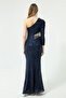 Women's Navy Blue One Sleeve Sequined and Stone Embellished Long Evening Dress - 5