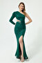 Women's Emerald Green One Sleeve Long Evening Dress with Sequins and Stones - 4