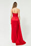 Women's Red One Shoulder Stoned Long Satin Evening Dress - 5
