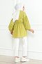 Women's Oil Green Satin Elastic Waist Shoulders Buttoned Flounced Skirt Detailed V-Neck Hijab Shirt - 4