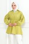 Women's Oil Green Satin Elastic Waist Shoulders Buttoned Flounced Skirt Detailed V-Neck Hijab Shirt - 5