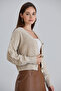 Women's Balloon Sleeve Knitted Patterned Crop Knitwear Stone Cardigan - 4