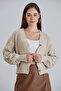 Women's Balloon Sleeve Knitted Patterned Crop Knitwear Stone Cardigan - 3