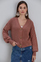 Women's Balloon Sleeve Knitted Patterned Crop Knitwear Cinnamon Cardigan - 4