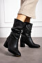Black Skin Gusseted Comfortable Stylish Heeled Women's Boots with Drawstring Detail - 3