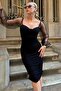 Black Balloon Tulle Sleeve with Chest Pad Side Draped Women's Mini Dress