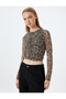 Leopard Tulle Blouse Crop Long Sleeve Crew Neck Smocked - 3